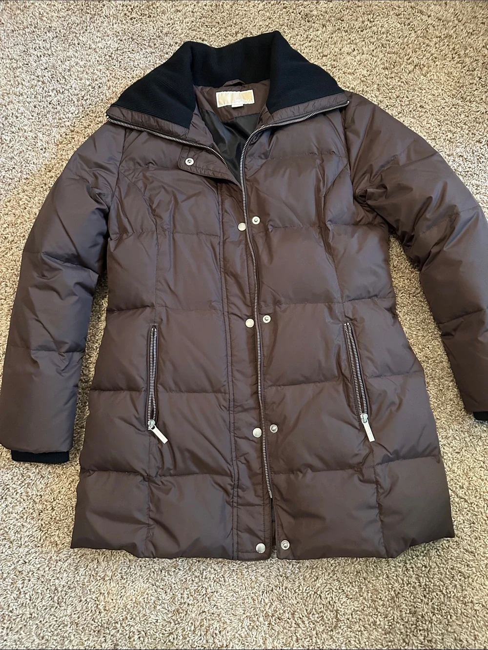 Michael Kors Dark Brown Down Quilted long length Puffer Jacket Costal Luxury